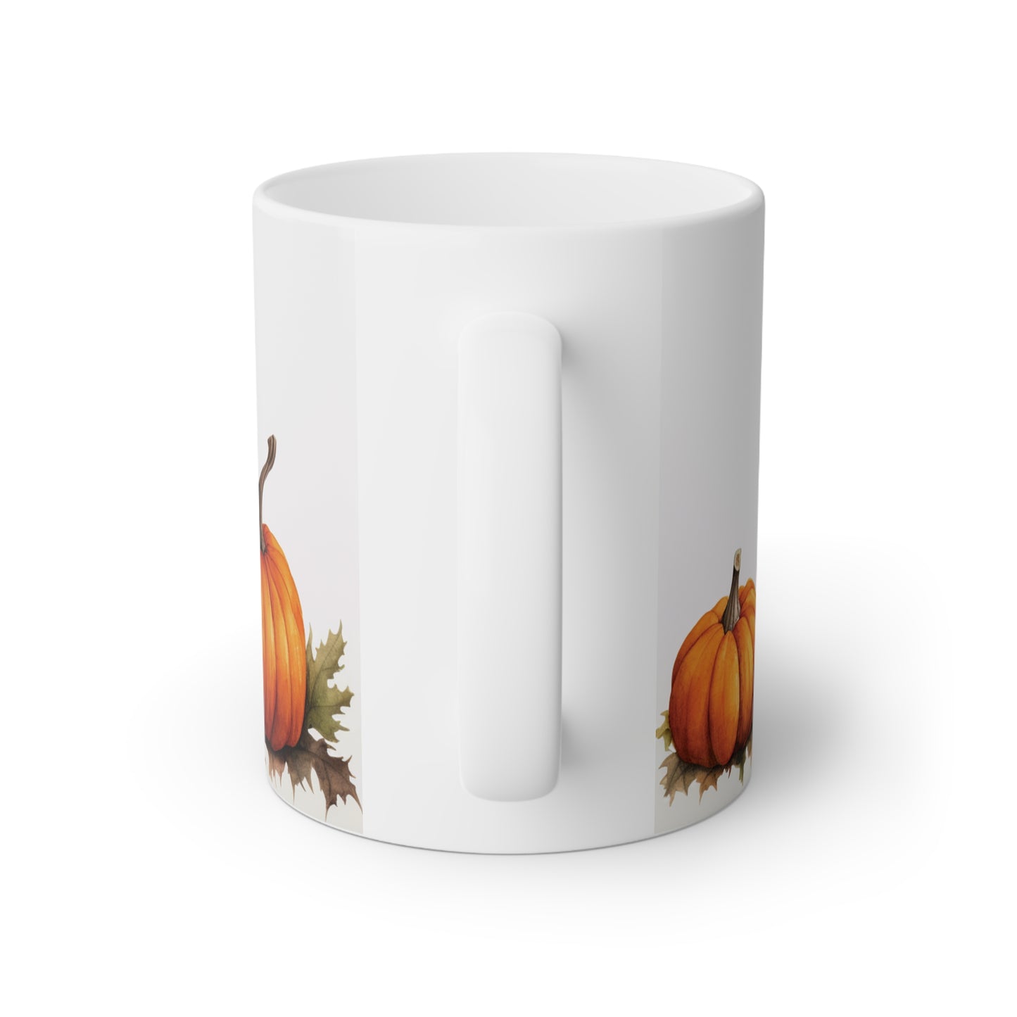 Close up image of a glossy white ceramic mug with a row of pumpkins, watercolor art, back side view