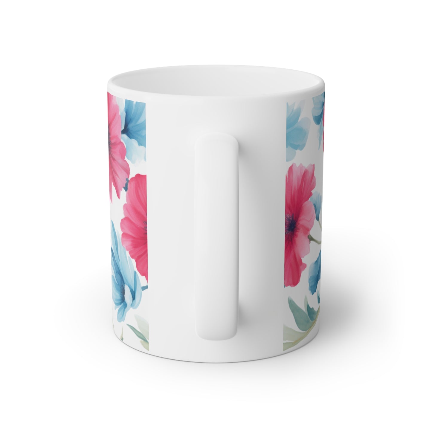 Close up image of a white ceramic mug with beautiful red and blue flowers, back side view