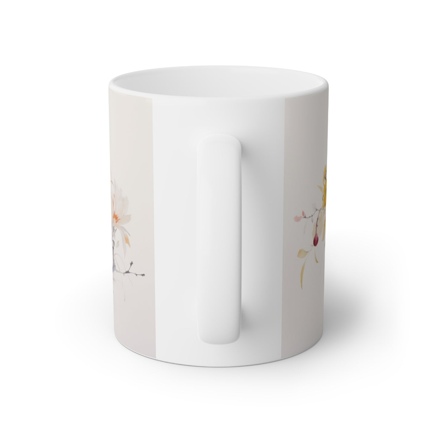 Close up image of a glossy white ceramic mug with beautiful red and yellow flowers on a branch, watercolor art, back side view