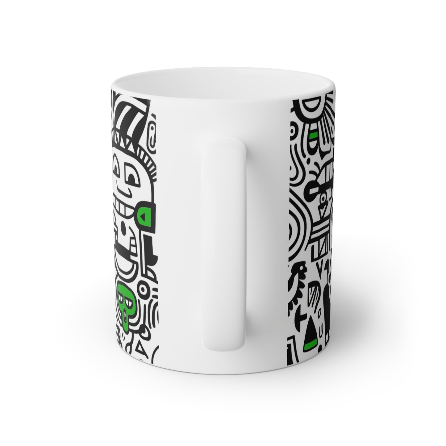 Close up image of a white ceramic mug with black doodle art with green accents, back side view
