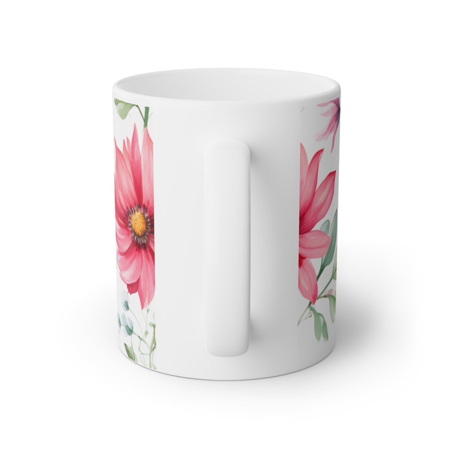 Close up image of a white ceramic mug with beautiful red and violet flowers, back side view