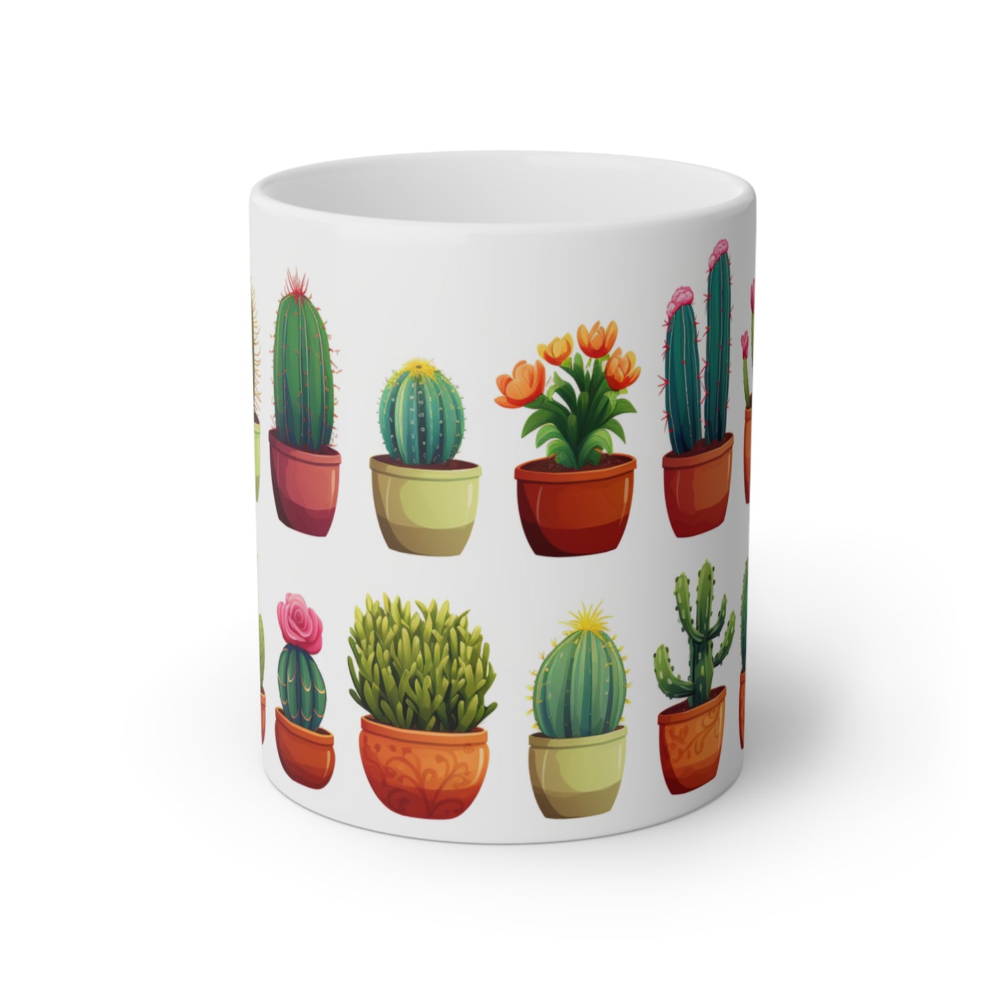 Close up image of a white ceramic mug with cartoon cactus plants and flowers, front side view