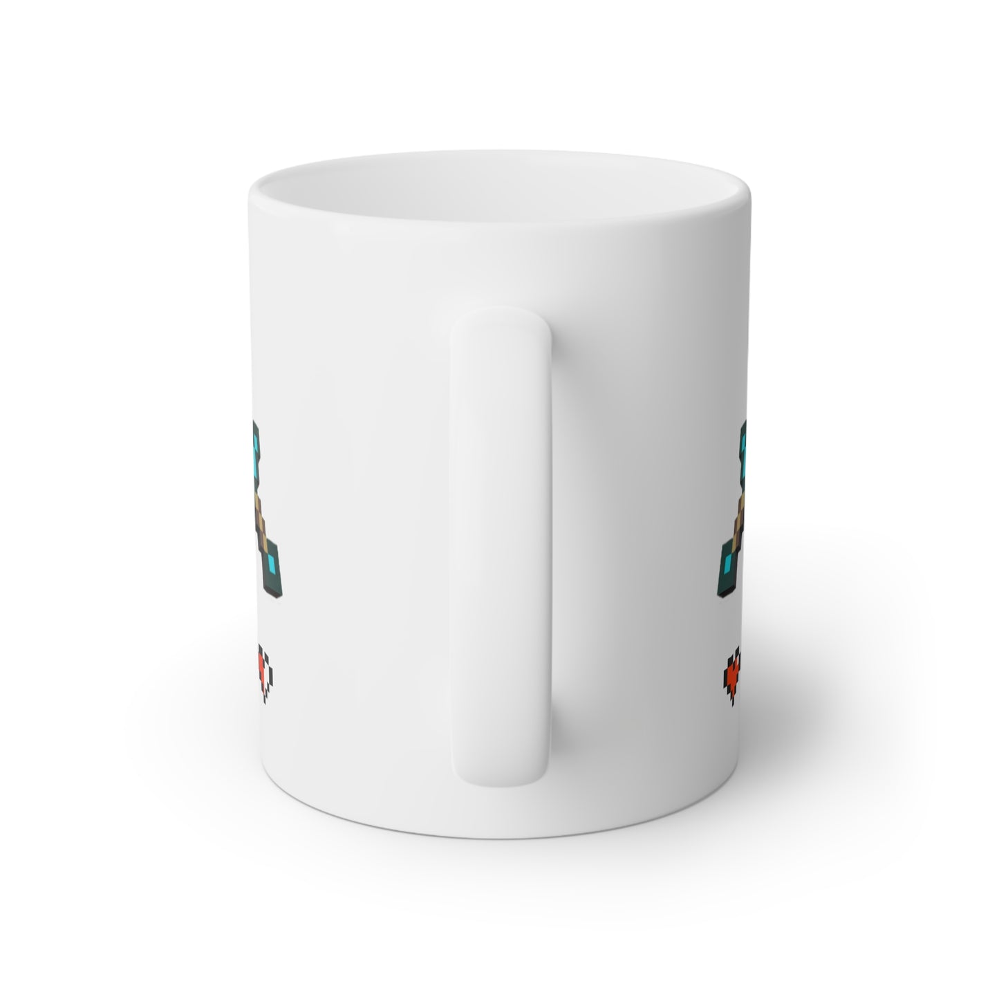 Close up image of a white ceramic mug and a pixel video game sword and health bar of hearts, back side view