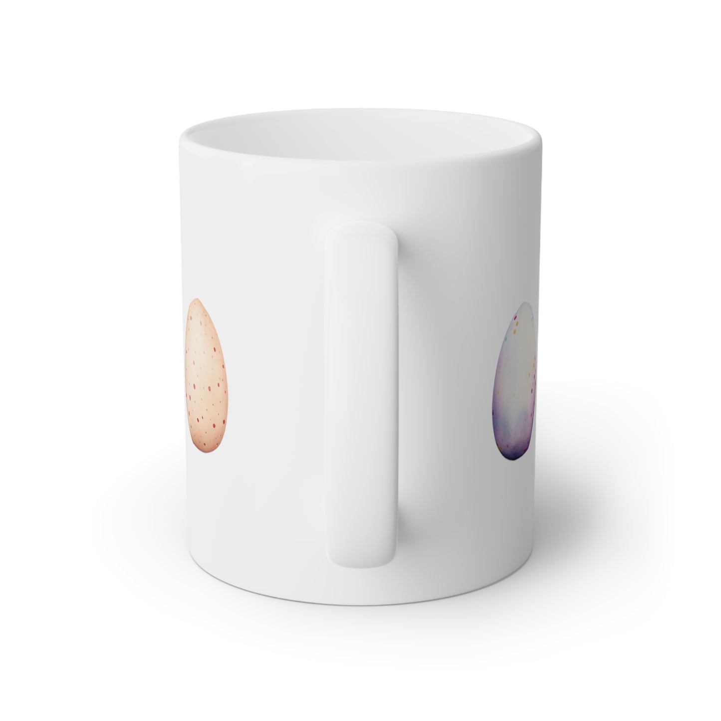 Close up of a white ceramic mug with watercolor Easter Eggs in pastel colors, back side view