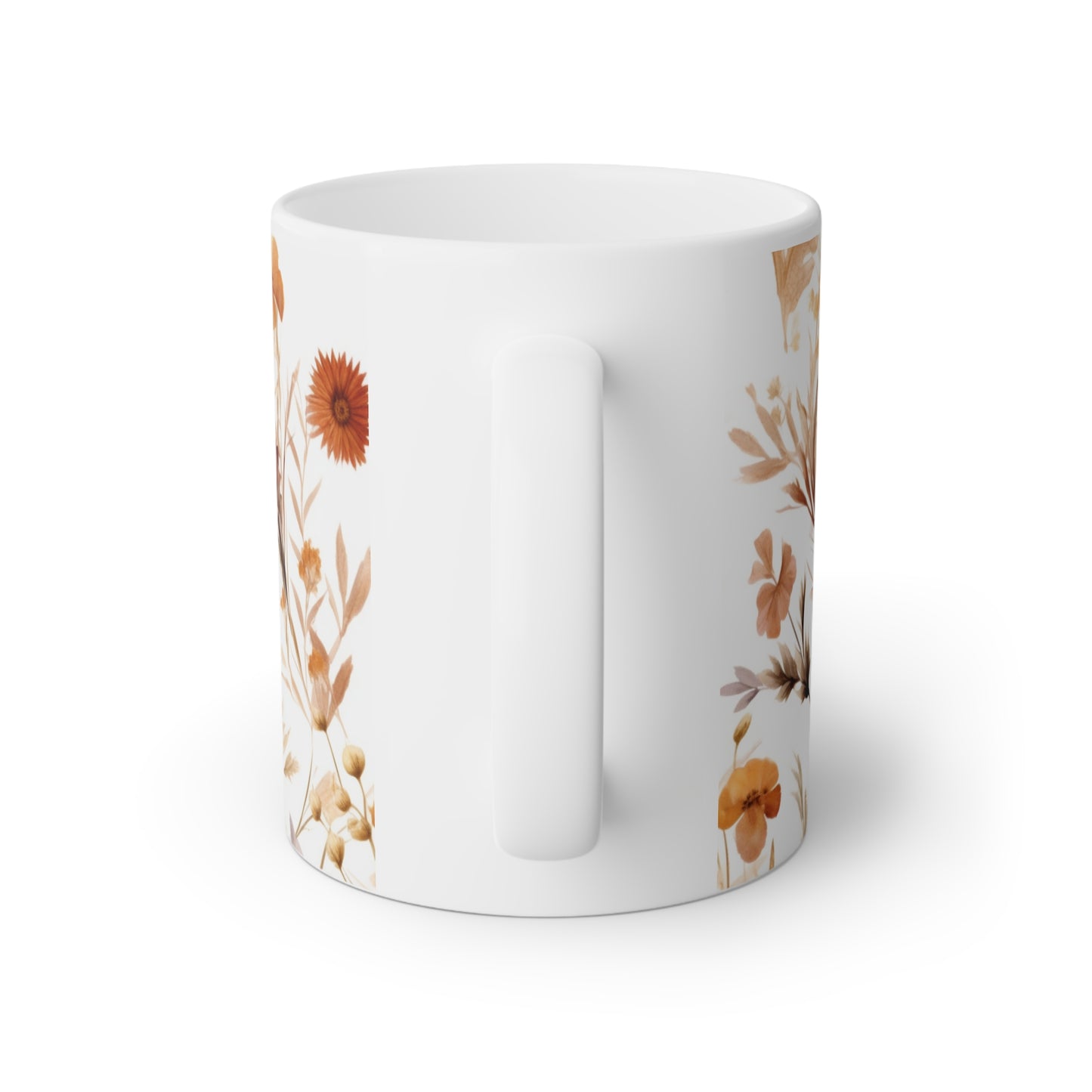 Close up image of a glossy white ceramic mug, with pressed wildflowers, back side view