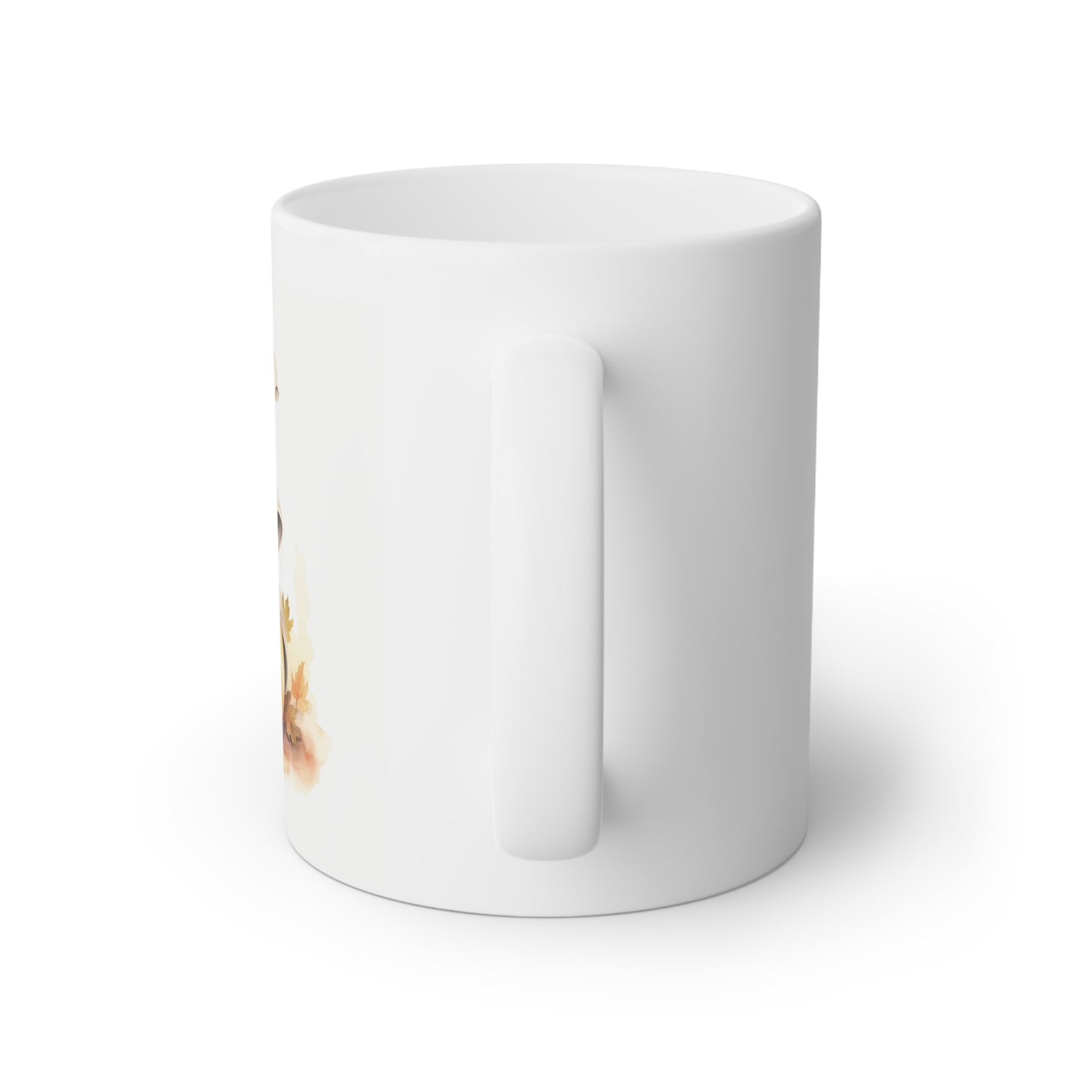 Close up image of a white ceramic mug with cute Halloween artwork, back side view