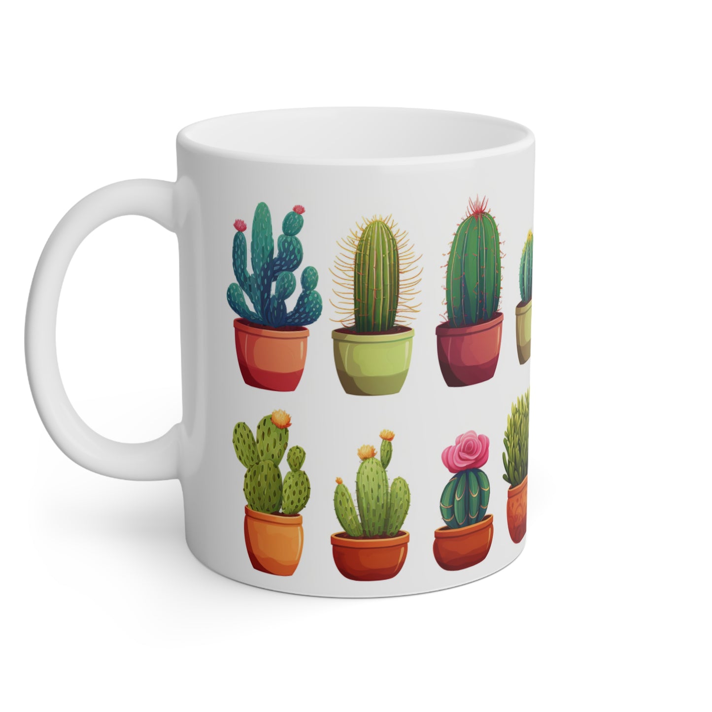Close up image of a white ceramic mug with cartoon cactus plants and flowers, left side view