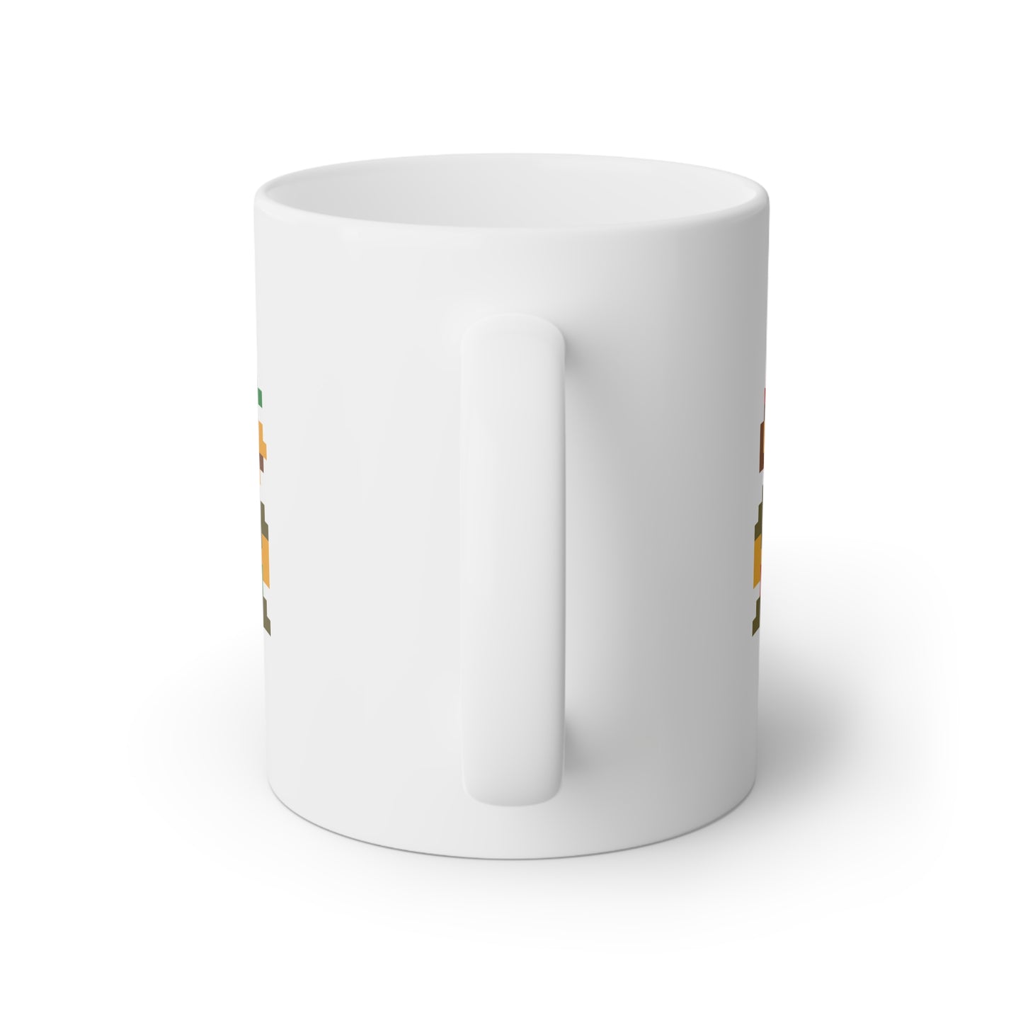 Close up image of a white ceramic mug and a pixel hearts with black edges, back side view