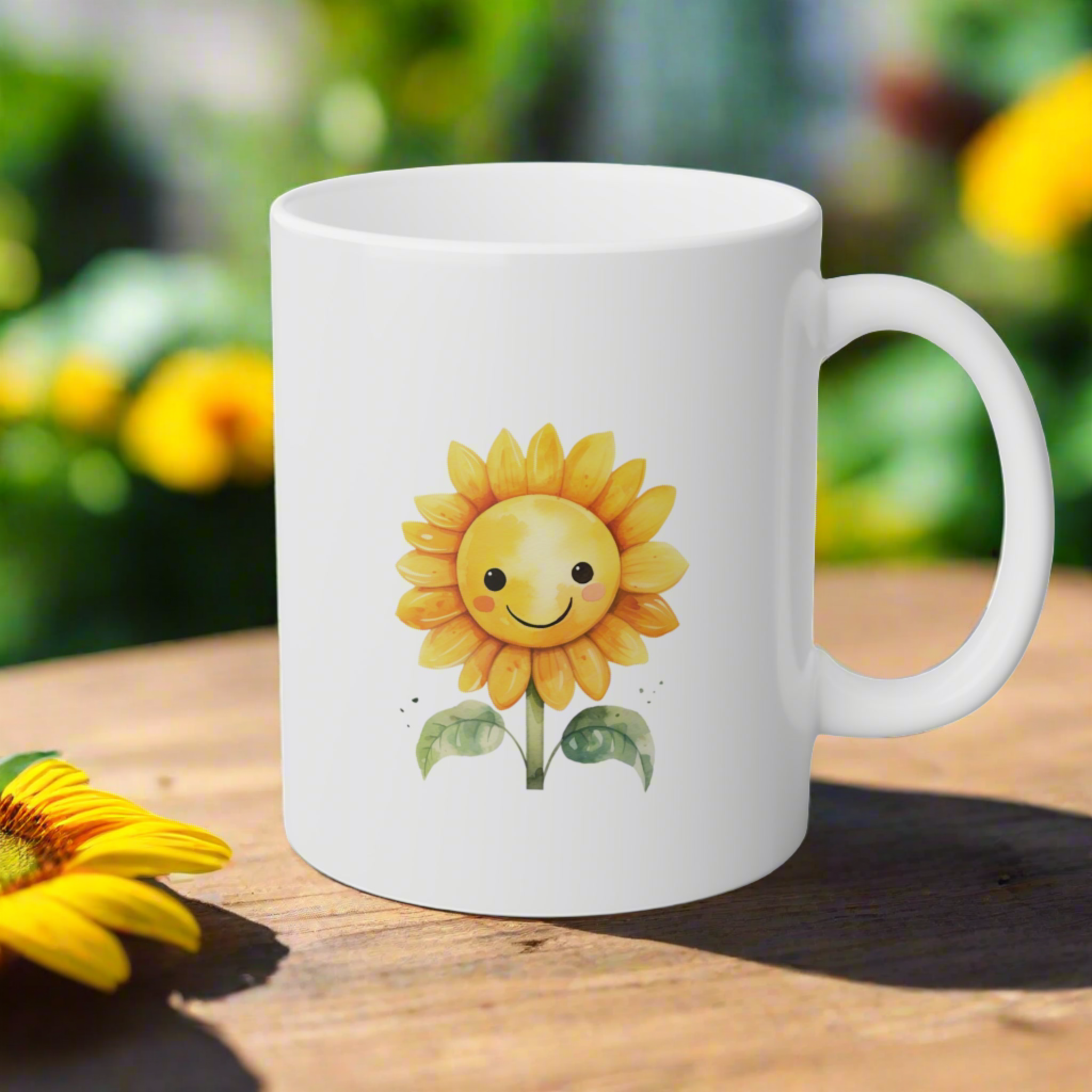 Glossy white ceramic mug with a happy sunflower to brighten your day.