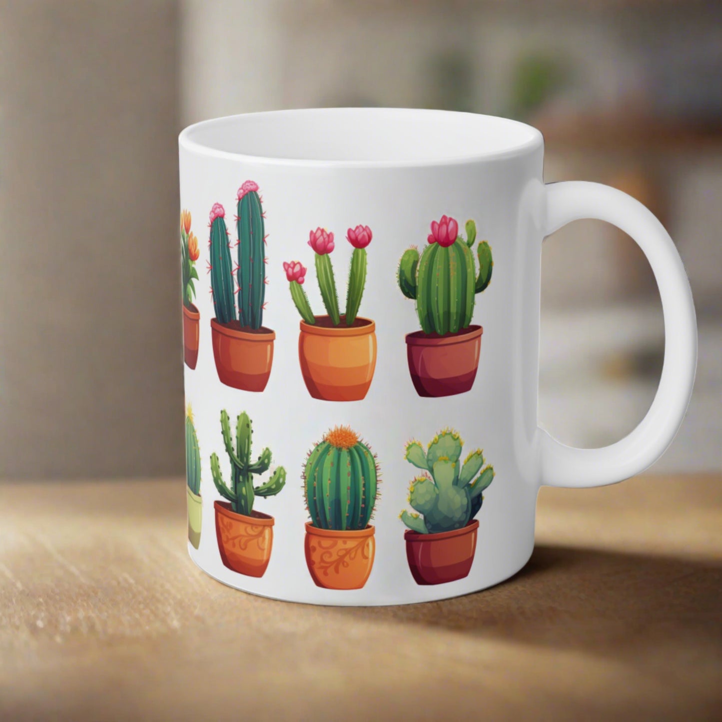 Close up image of a white ceramic mug with cartoon cactus plants and flowers, right side view