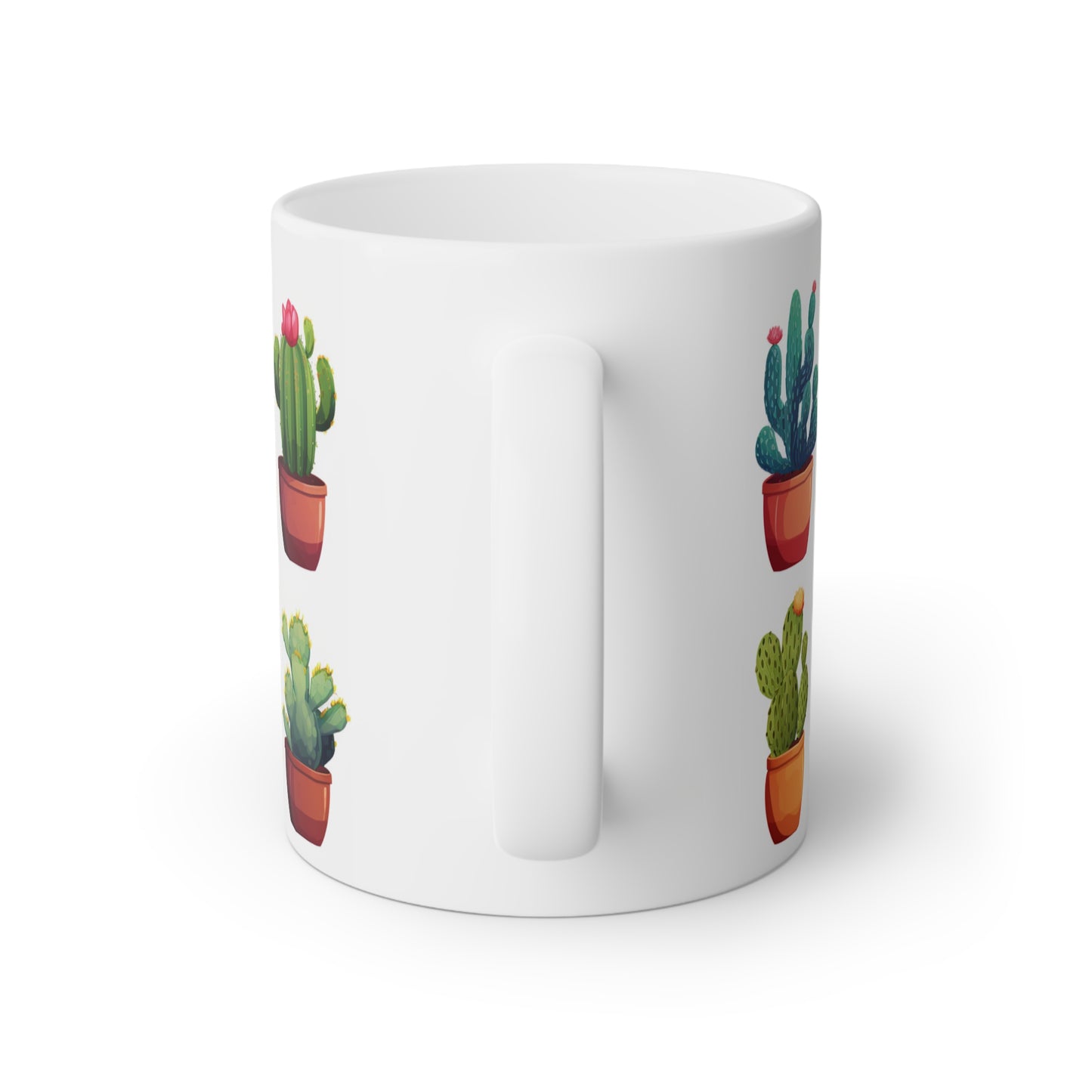 Close up image of a white ceramic mug with cartoon cactus plants and flowers, back side view