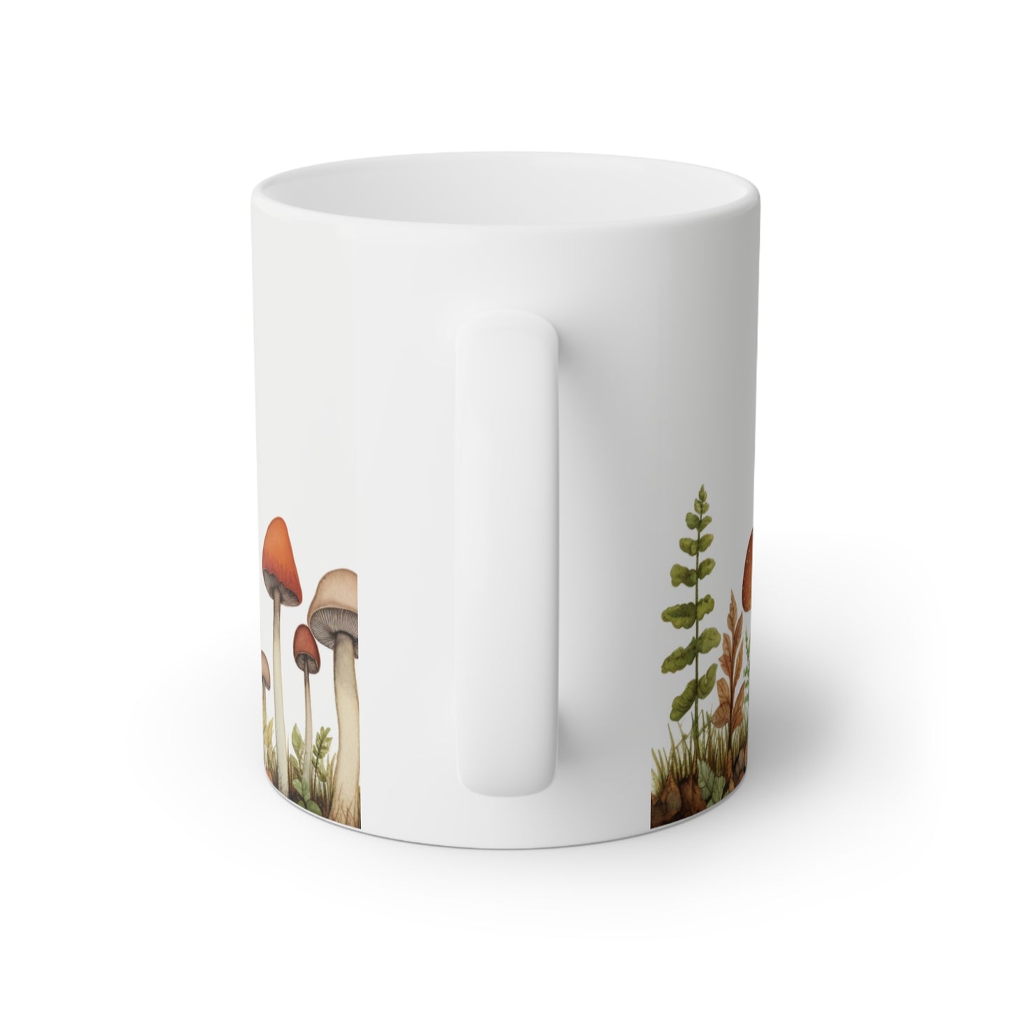 Close up image of a white ceramic mug with row of beautiful mushrooms, back side view