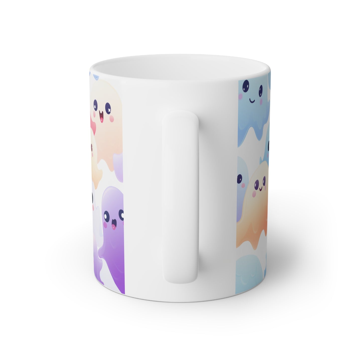 Close up image of a white ceramic mug with colorful cartoon ghosts, back side view