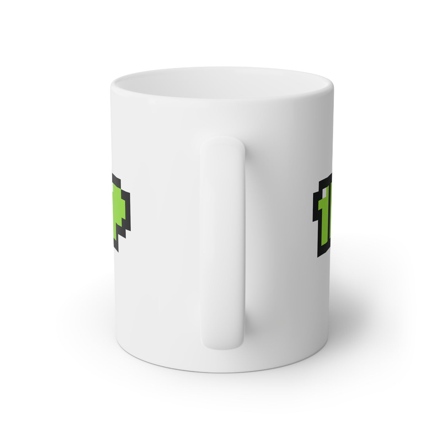 Close up image of a white ceramic magic mug with black and green pixel text 1 up, back side view