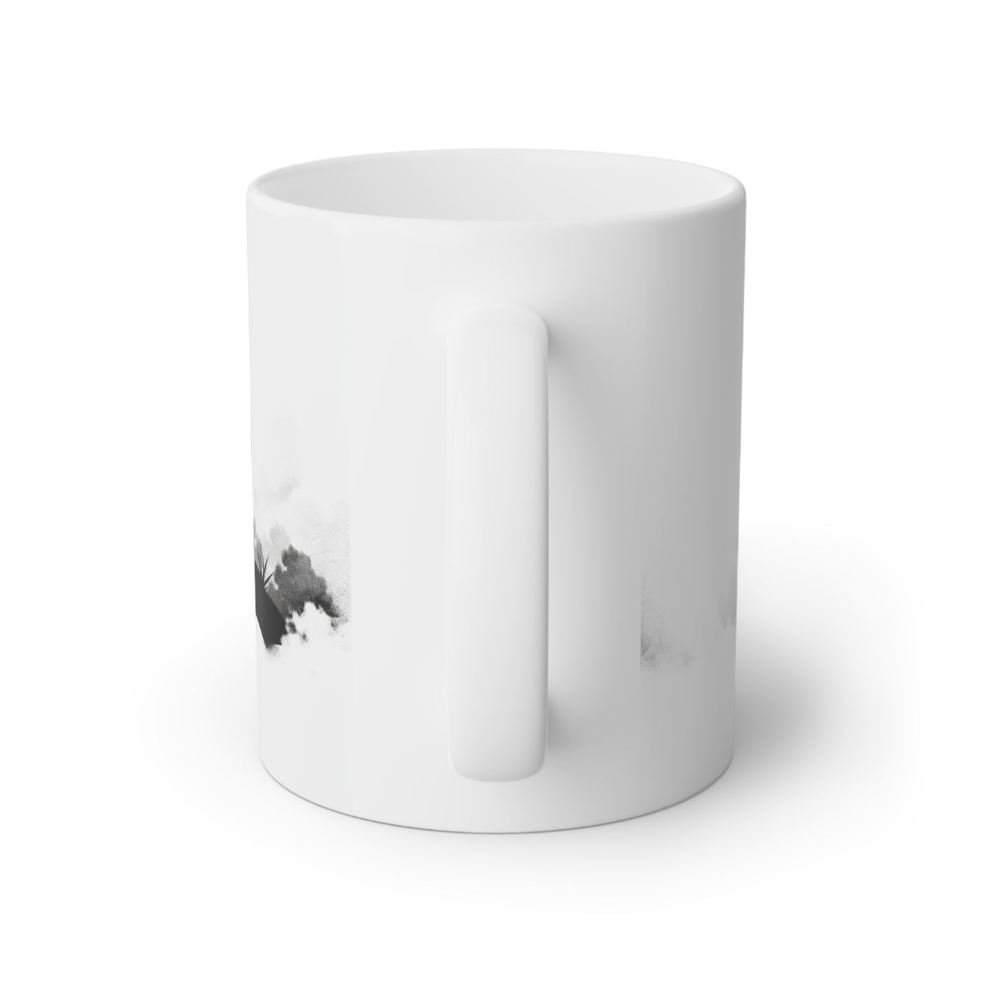 Close up image of a glossy white ceramic mug with a black and white illustration, back side view