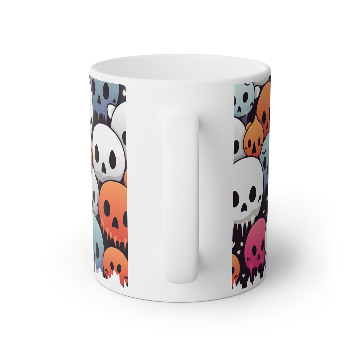 Close up of a glossy white ceramic mug with ghosts in winter night, back side view