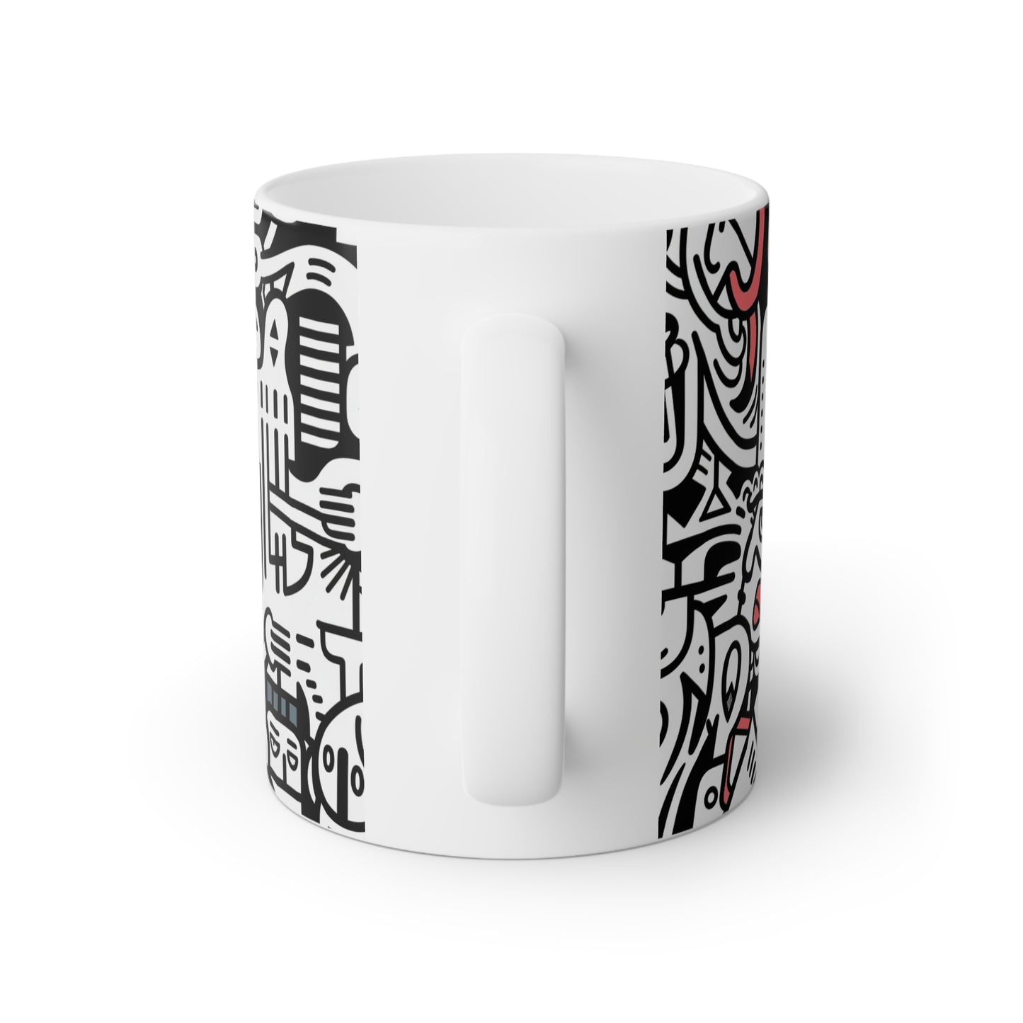 Close up image of a white ceramic mug with black doodle art with grey and light red accents, back side view
