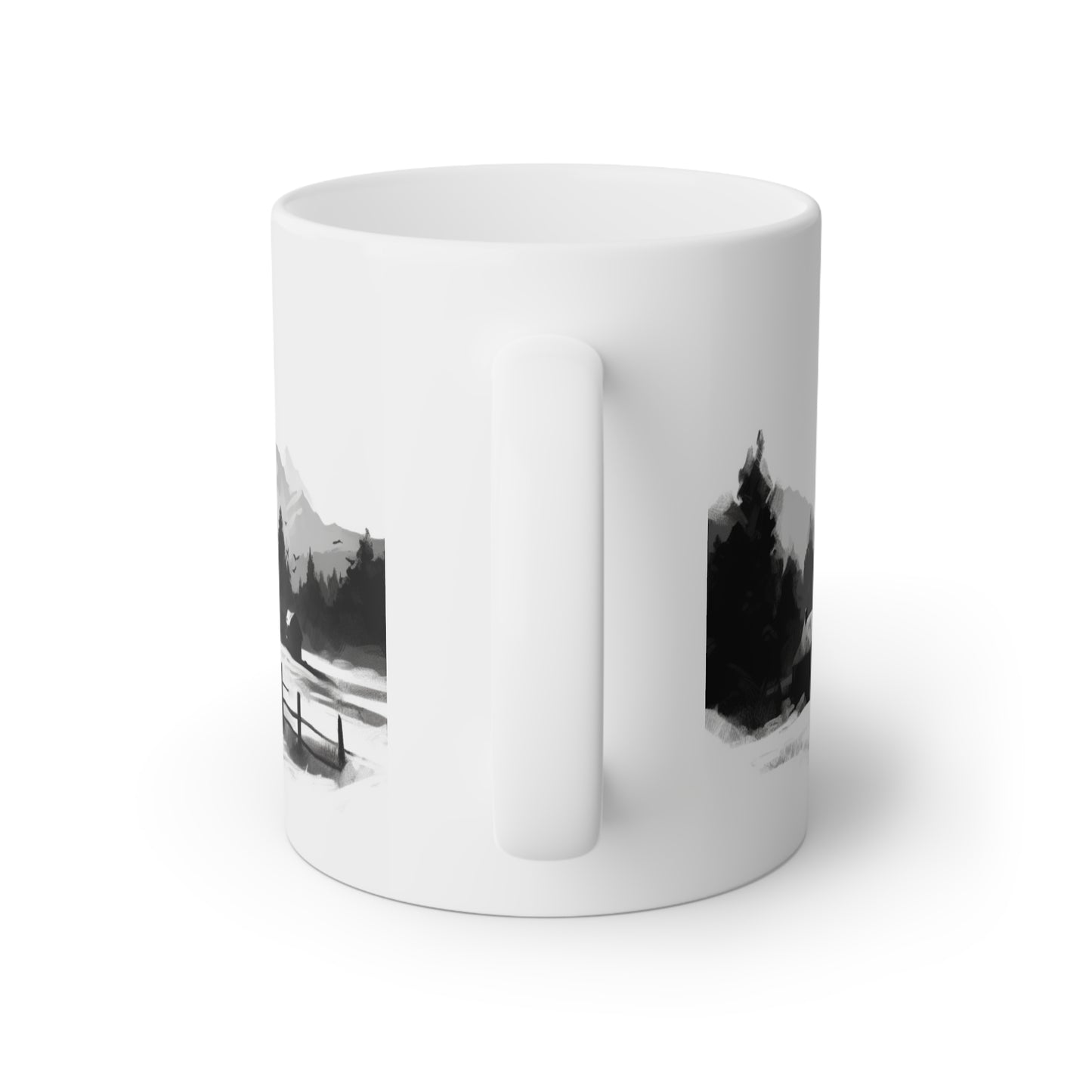 Close up image of a white ceramic mug with a black and white mountain ridge countryside, back side view