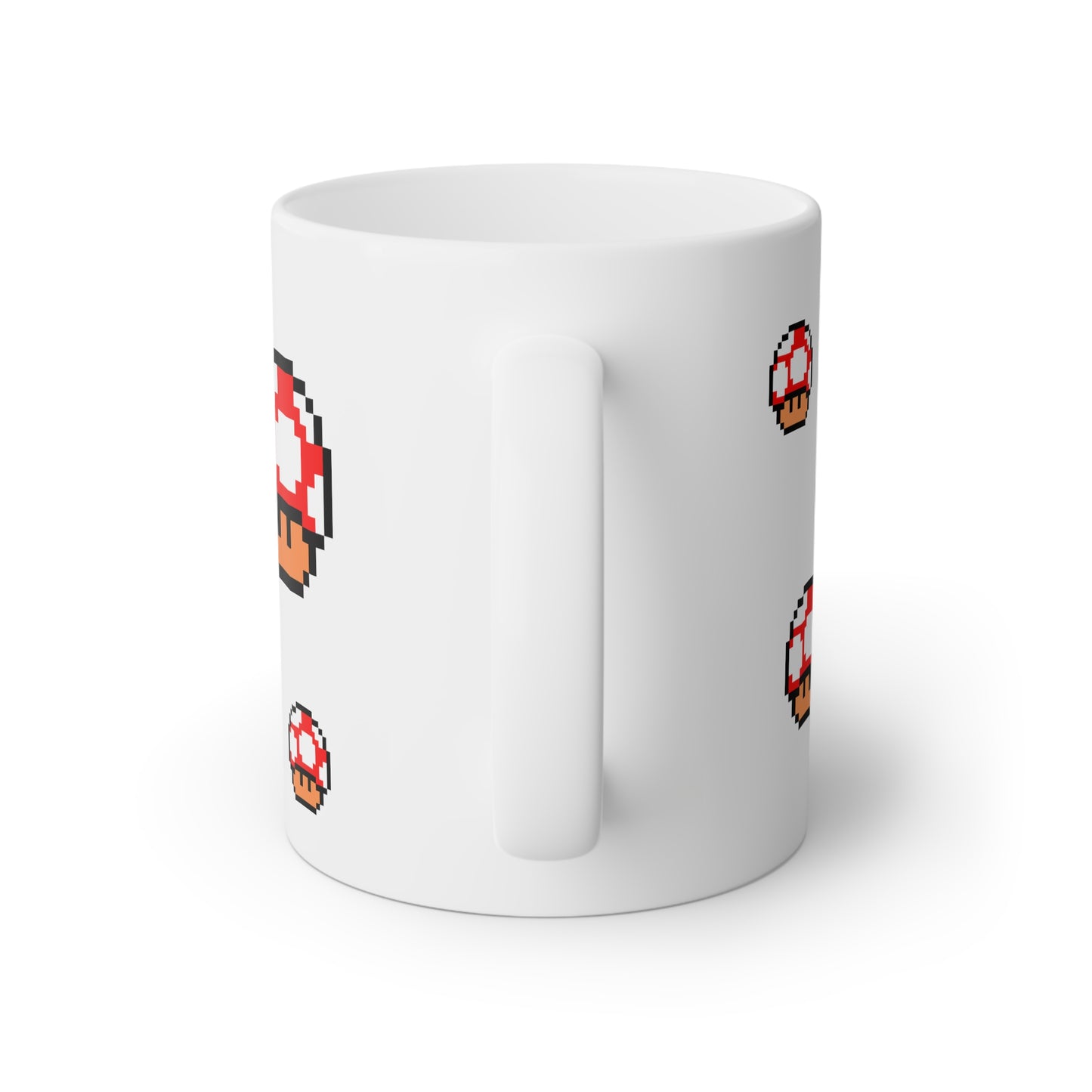 Close up image of a white ceramic mug and a pixel video game mushroom, back side view