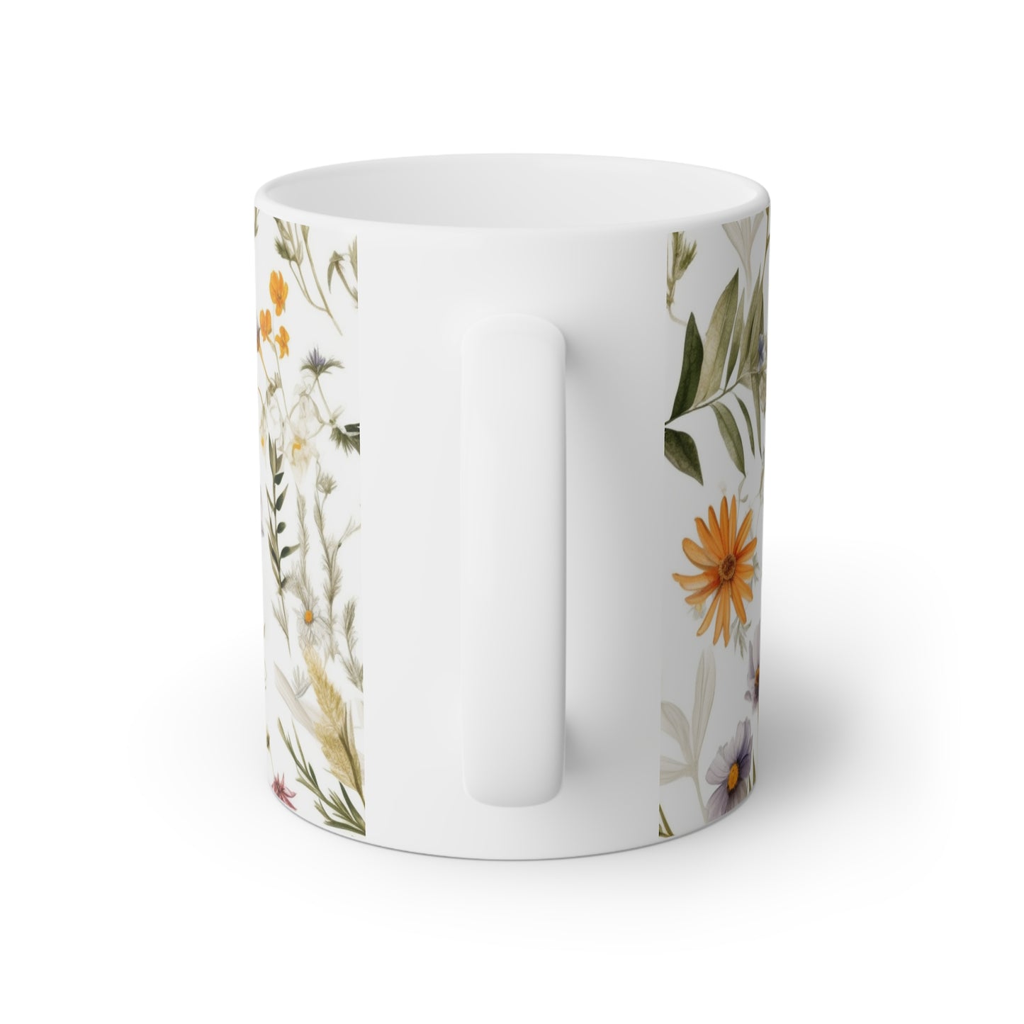 Close up image of a white ceramic mug with beautiful autumn flowers, back side view