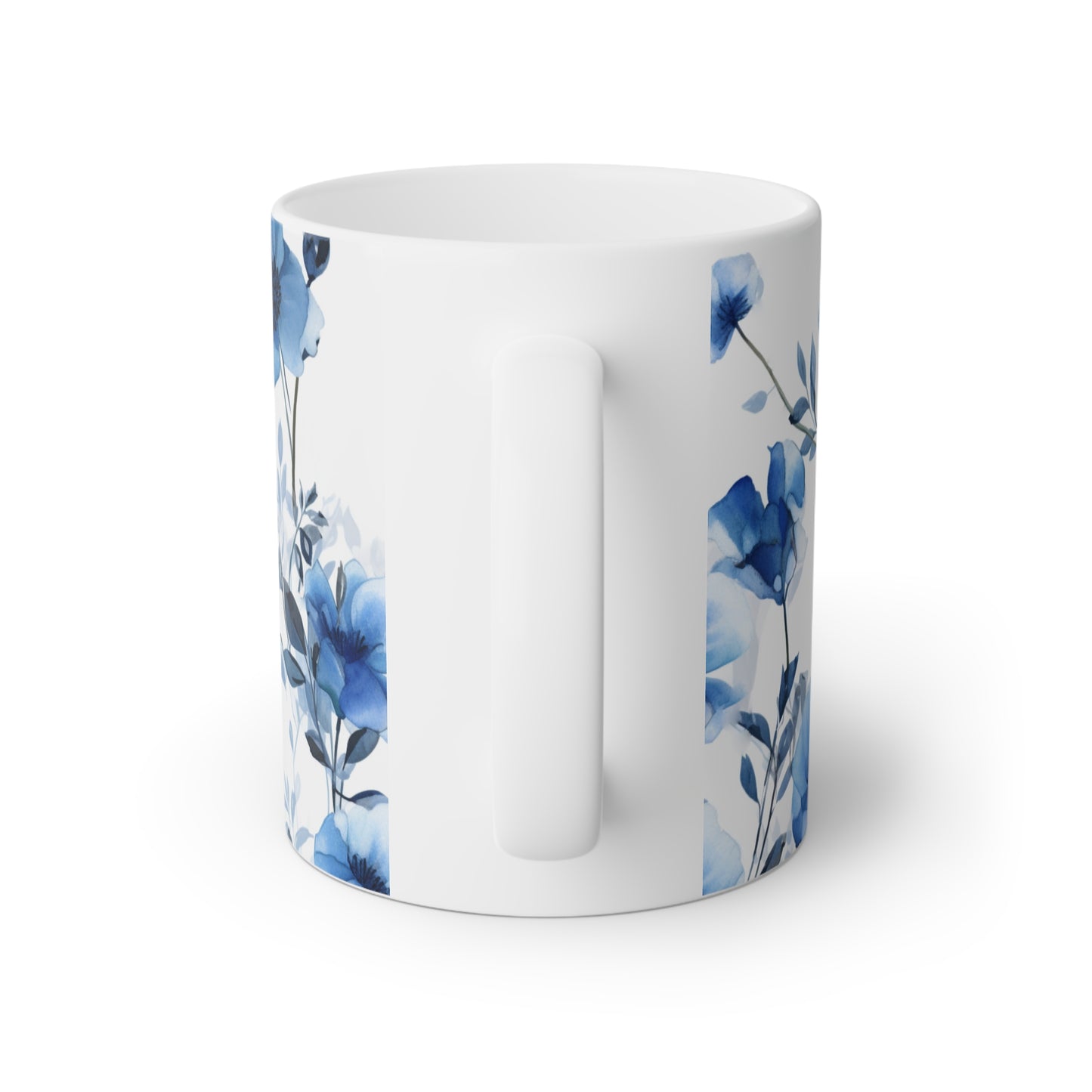 Close up image of a white ceramic mug with beautiful blue flowers watercolor style, backside view