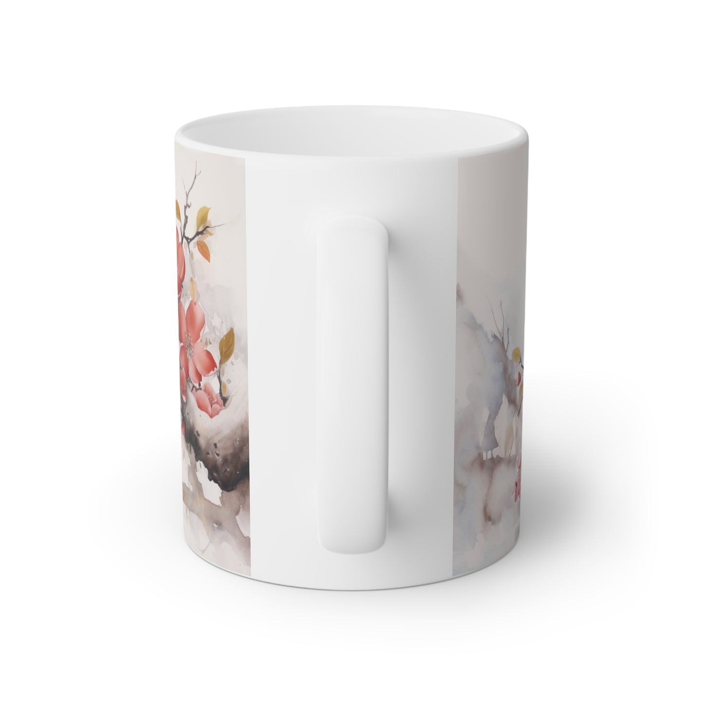 Close up image of a glossy white ceramic mug with beautiful red flowers on a branch, watercolor art, back side view