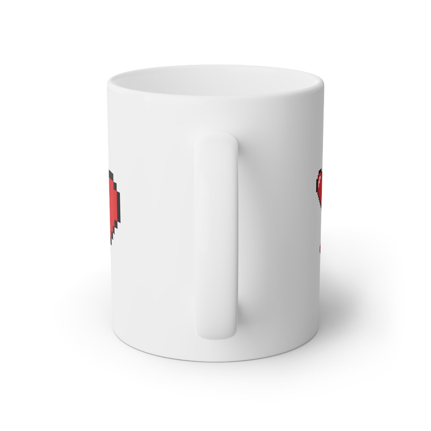 Close up image of a white ceramic mug and a pixel hearts with black edges, back side view