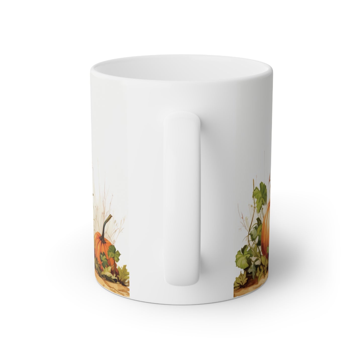Close up image of a white ceramic mug with beautiful pumpkin garden, back side view