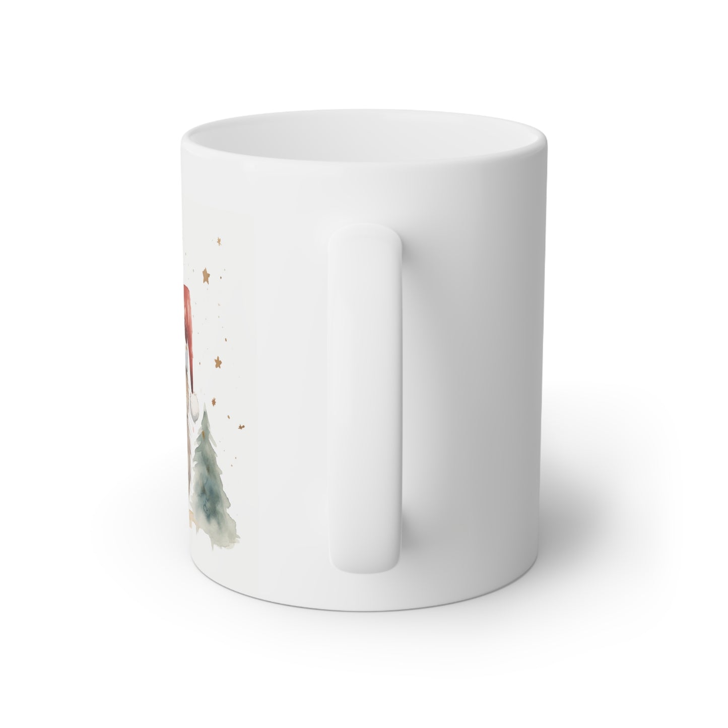 Close up image of a white ceramic mug with a picture of a cute Christmas rat, back side view