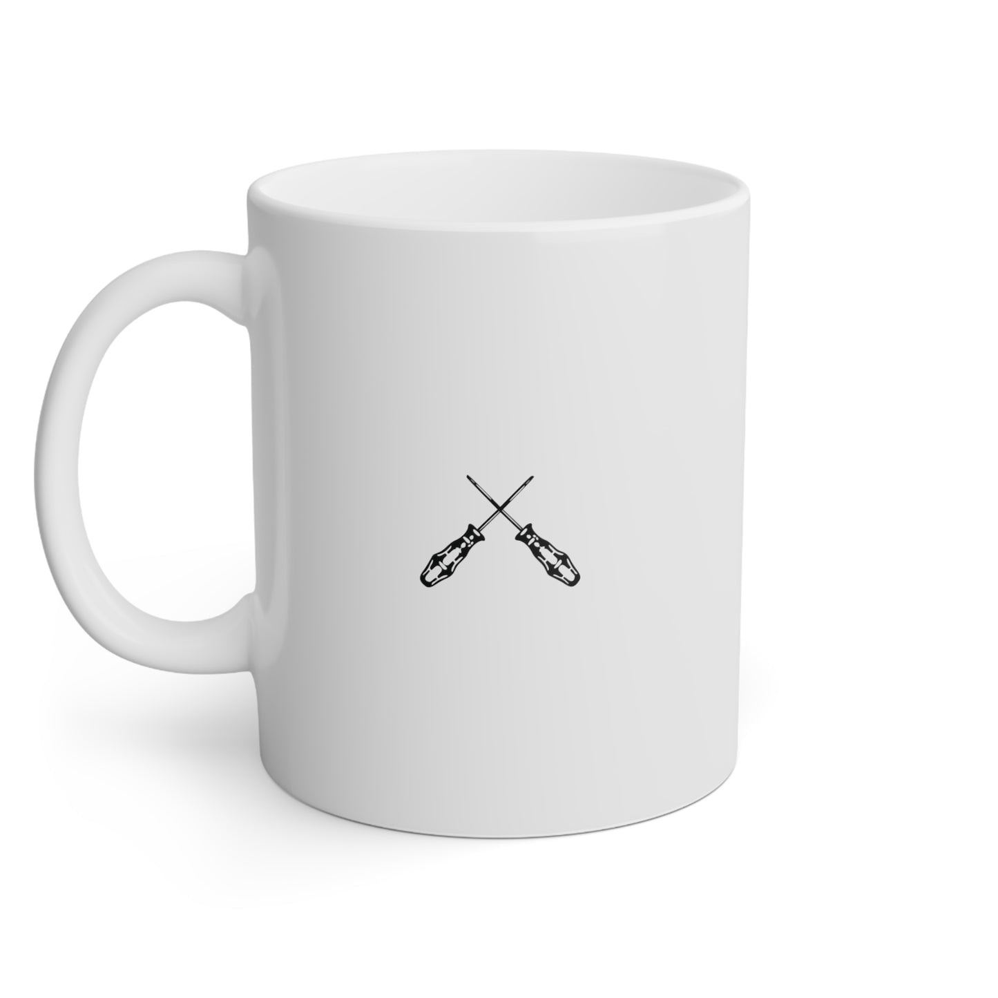 Close up image of a white ceramic mug with black and white electrician tools, left side view