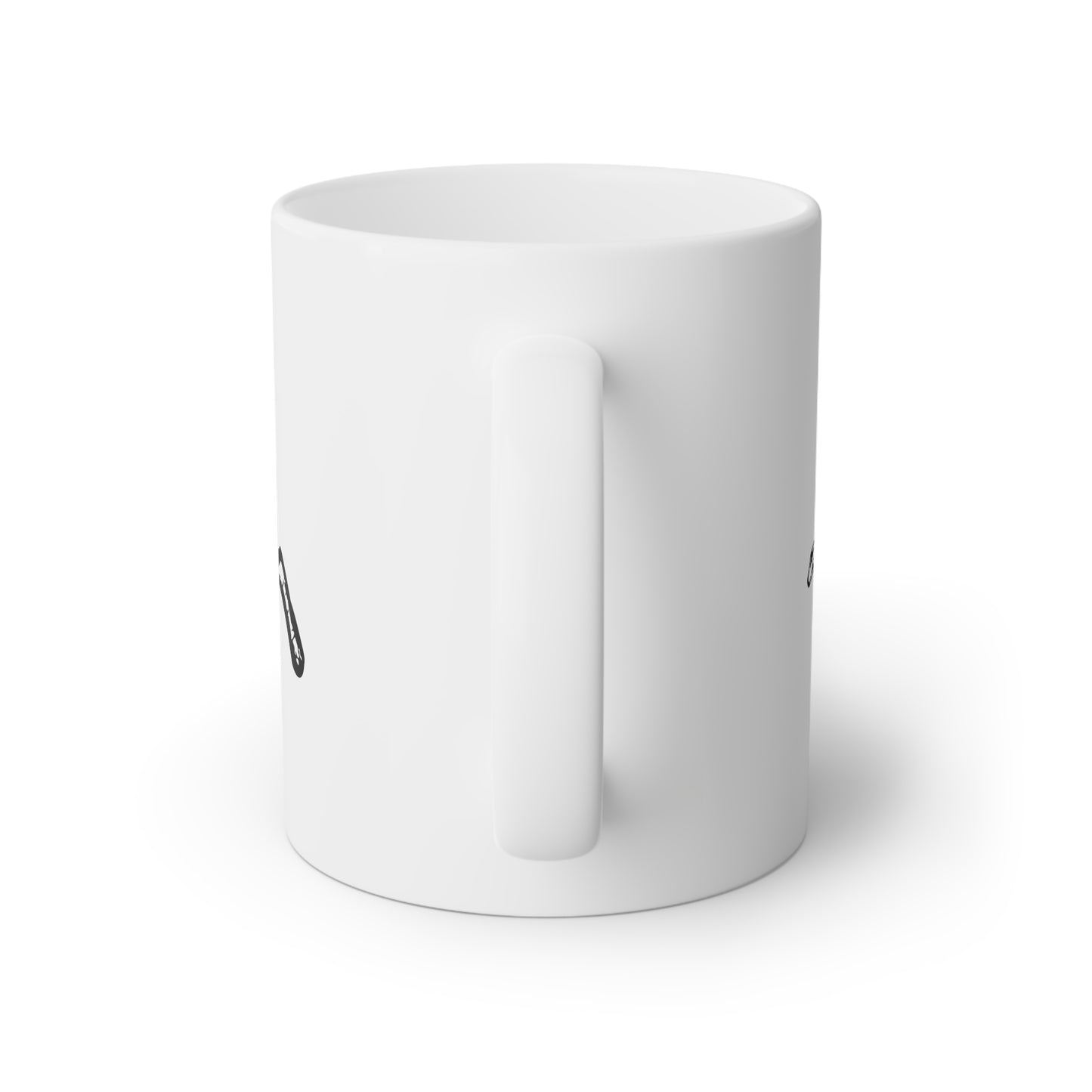 Close up image of a white ceramic mug with black and white electrician tools, back side view