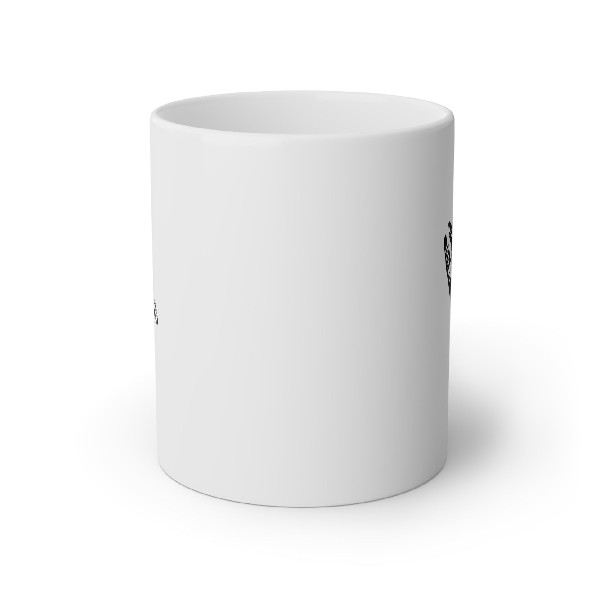 Close up image of a white ceramic mug with black and white electrician tools, front side view