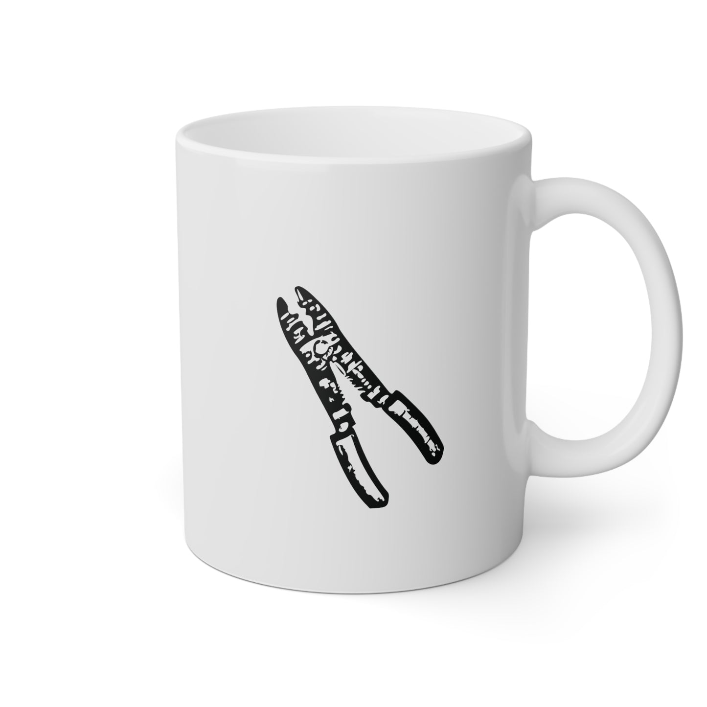 Close up image of a white ceramic mug with black and white electrician tools, right side view